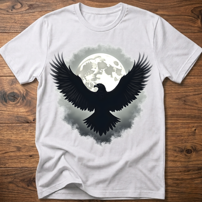 White crewneck t-shirt with large eagle and moon graphic on chest