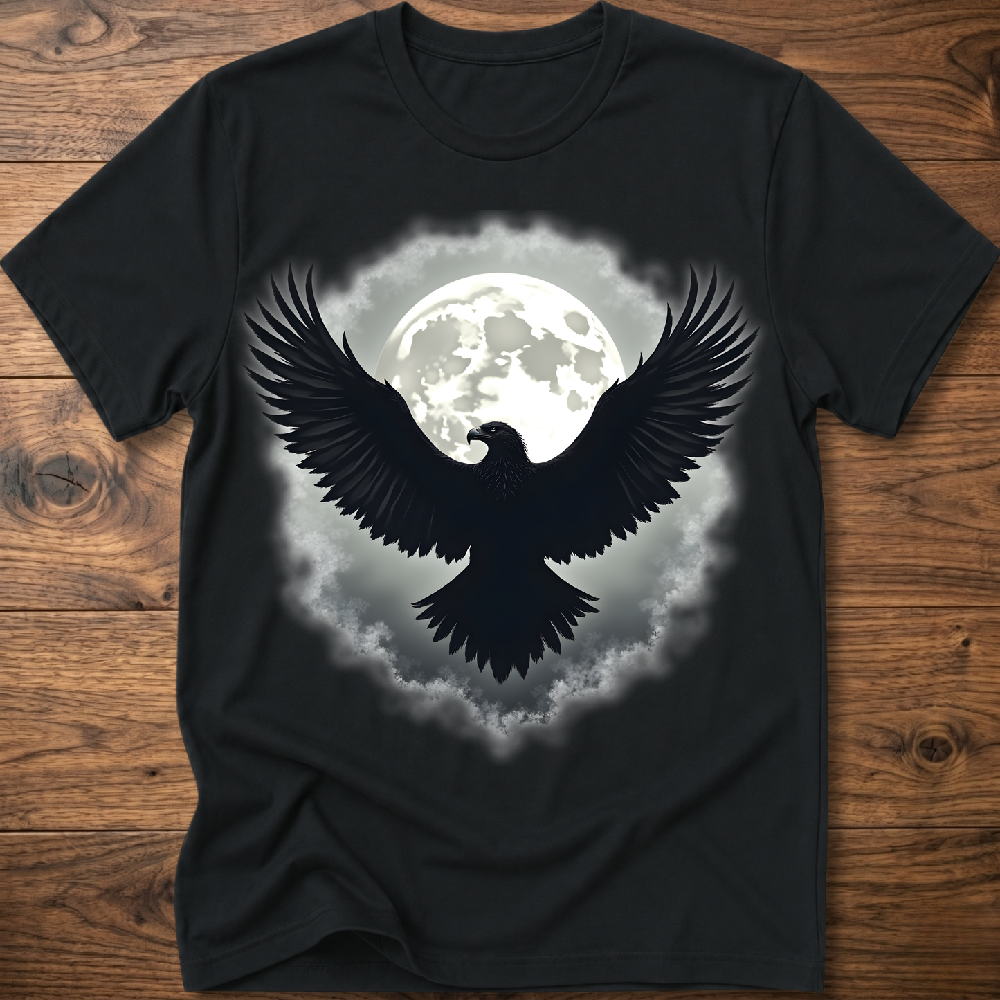 Black crewneck t-shirt with large eagle and moon graphic on chest