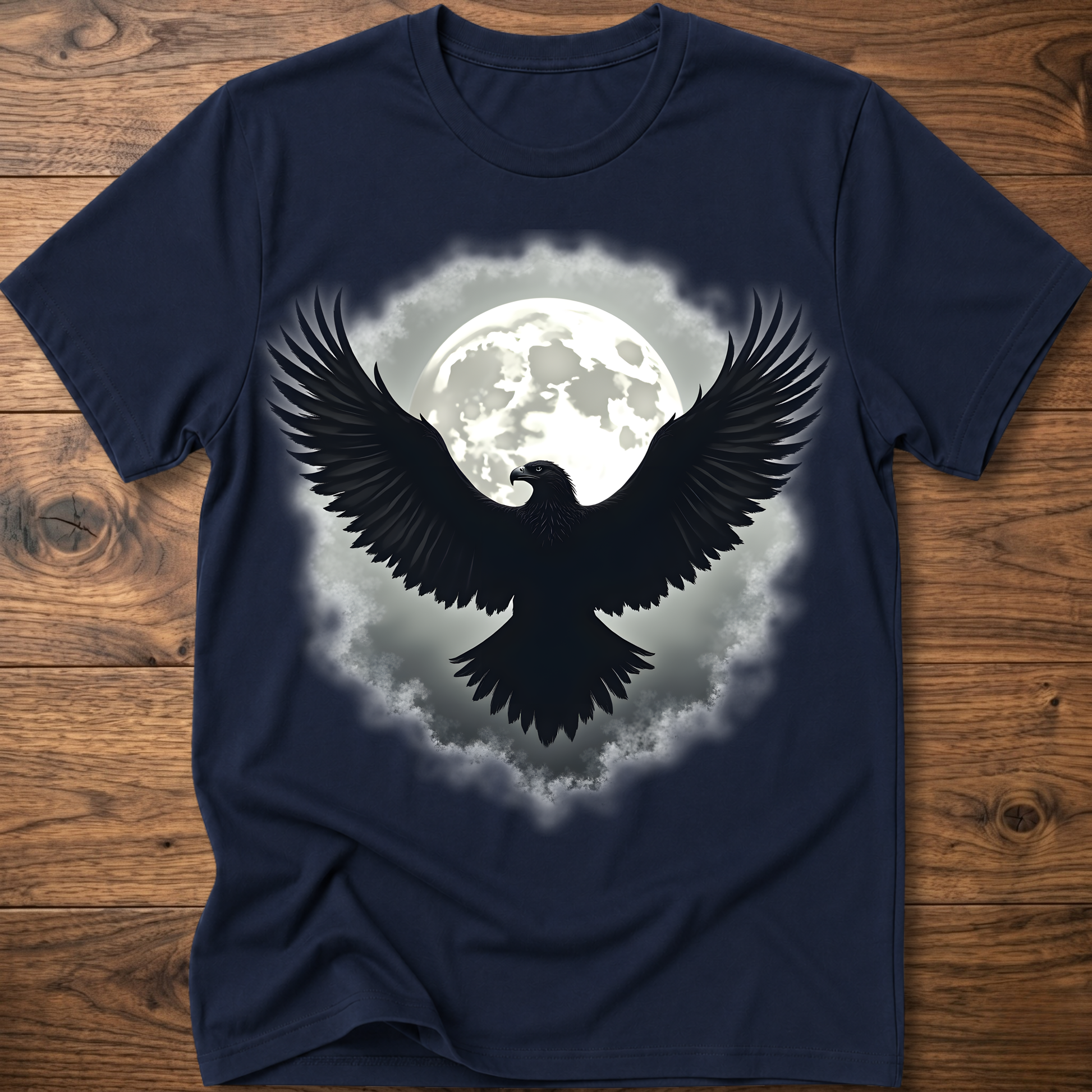 Navy crewneck t-shirt with large eagle and moon graphic on chest