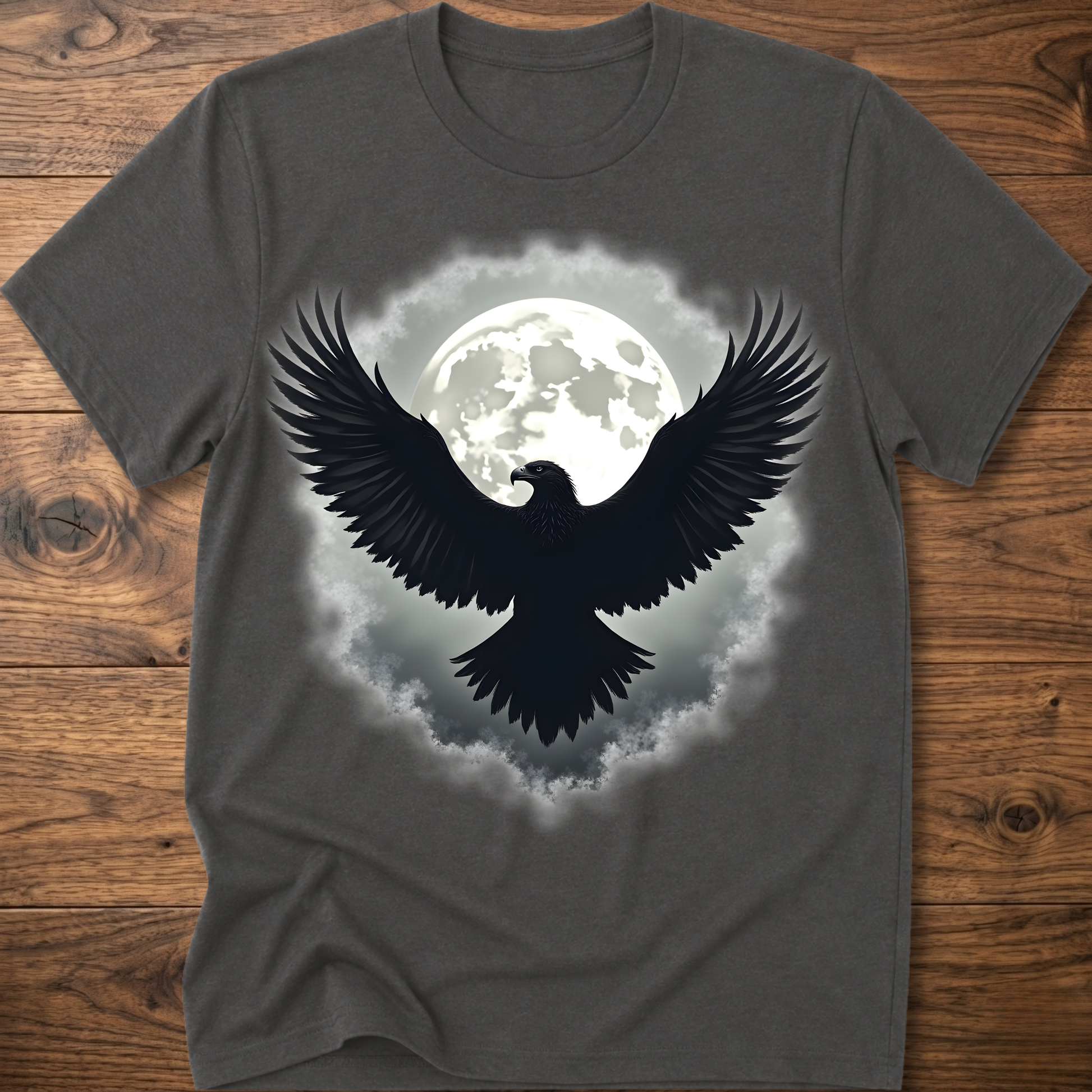 Charcoal crewneck t-shirt with large eagle and moon graphic on chest