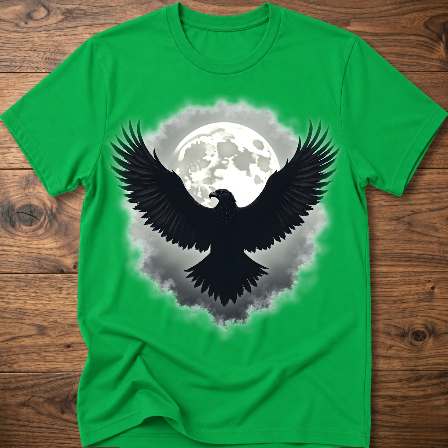 Green crewneck t-shirt with large eagle and moon graphic on chest