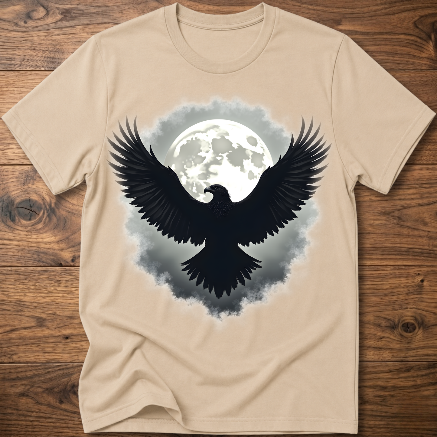 Sand beige crewneck t-shirt with large eagle and moon graphic on chest