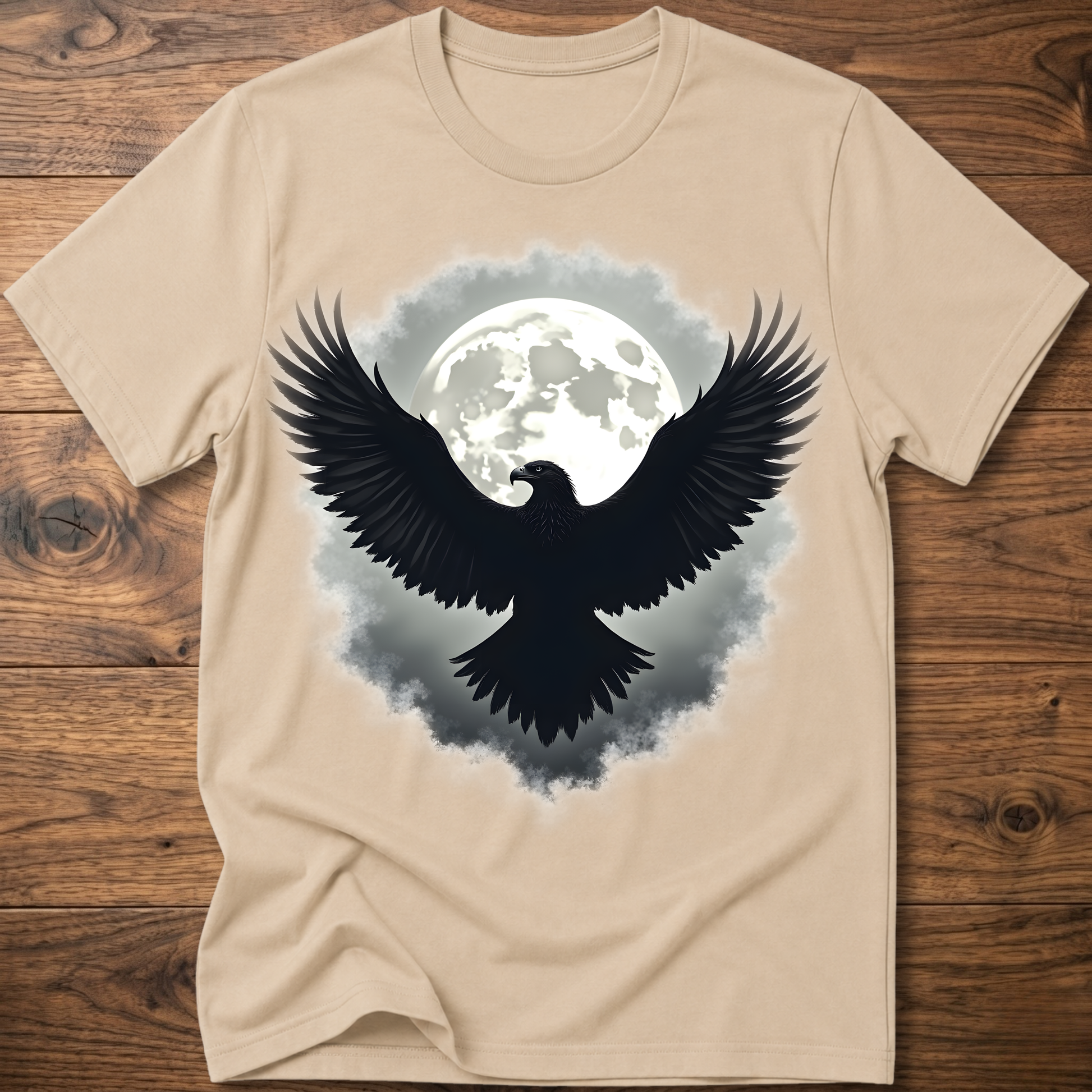 Sand beige crewneck t-shirt with large eagle and moon graphic on chest