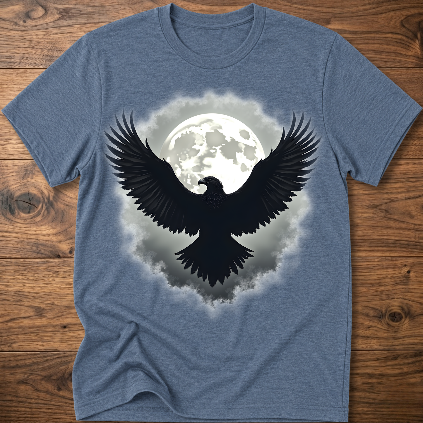 Heather blue crewneck t-shirt with large eagle and moon graphic on chest