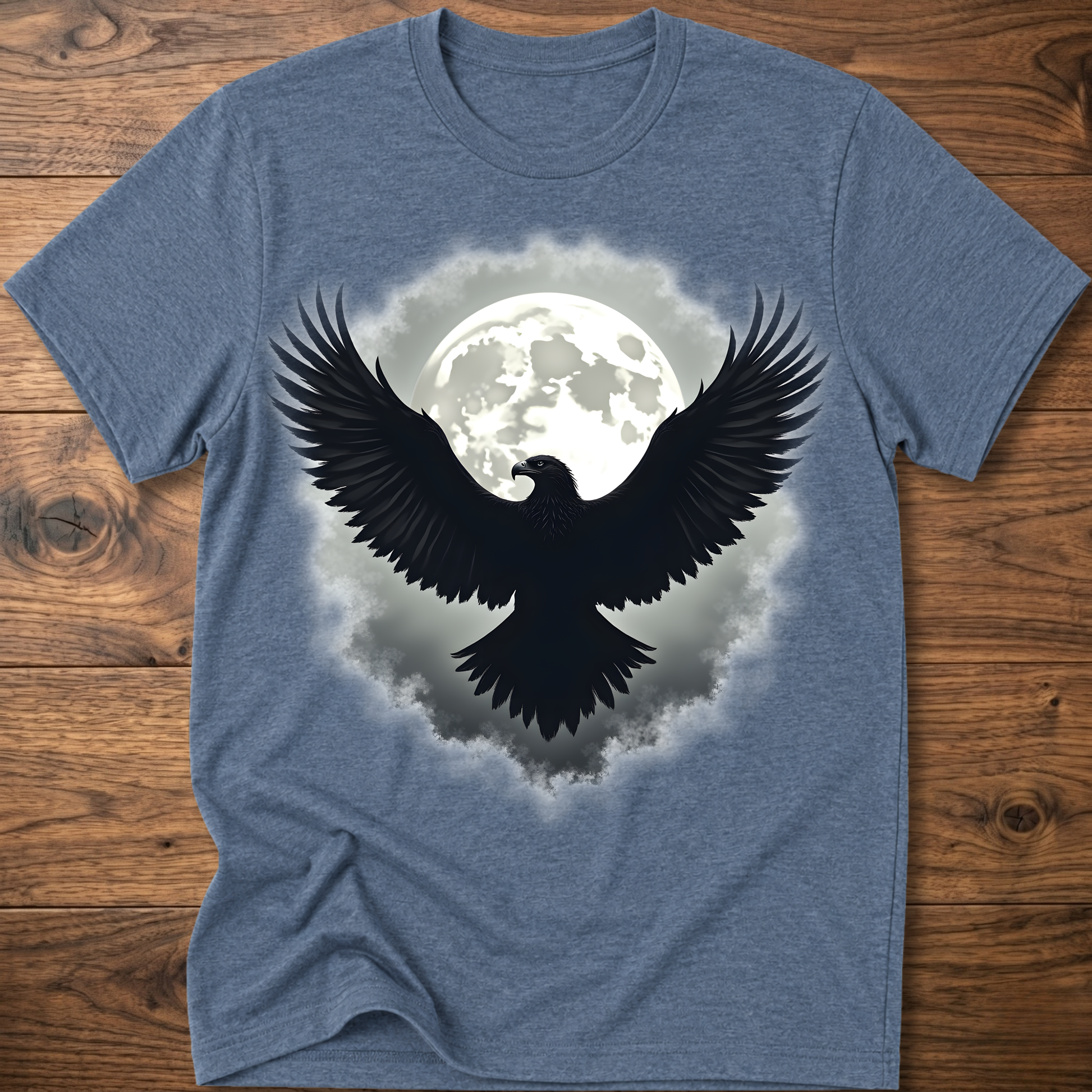 Heather blue crewneck t-shirt with large eagle and moon graphic on chest