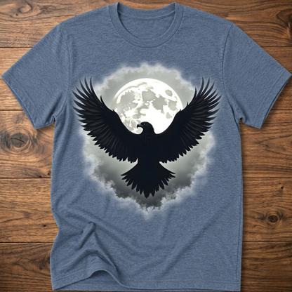 Heather blue crewneck t-shirt with large eagle and moon graphic on chest