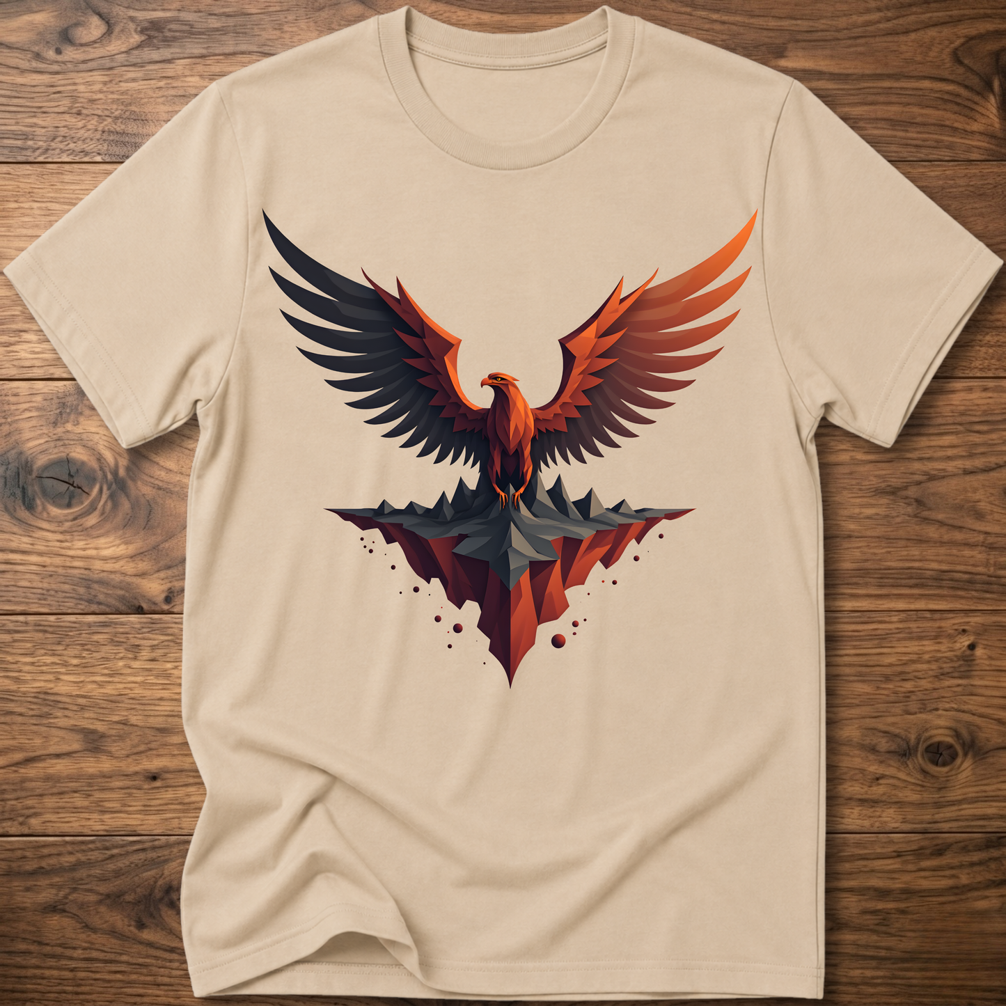 Sand/beige t-shirt with colorful eagle graphic on the front