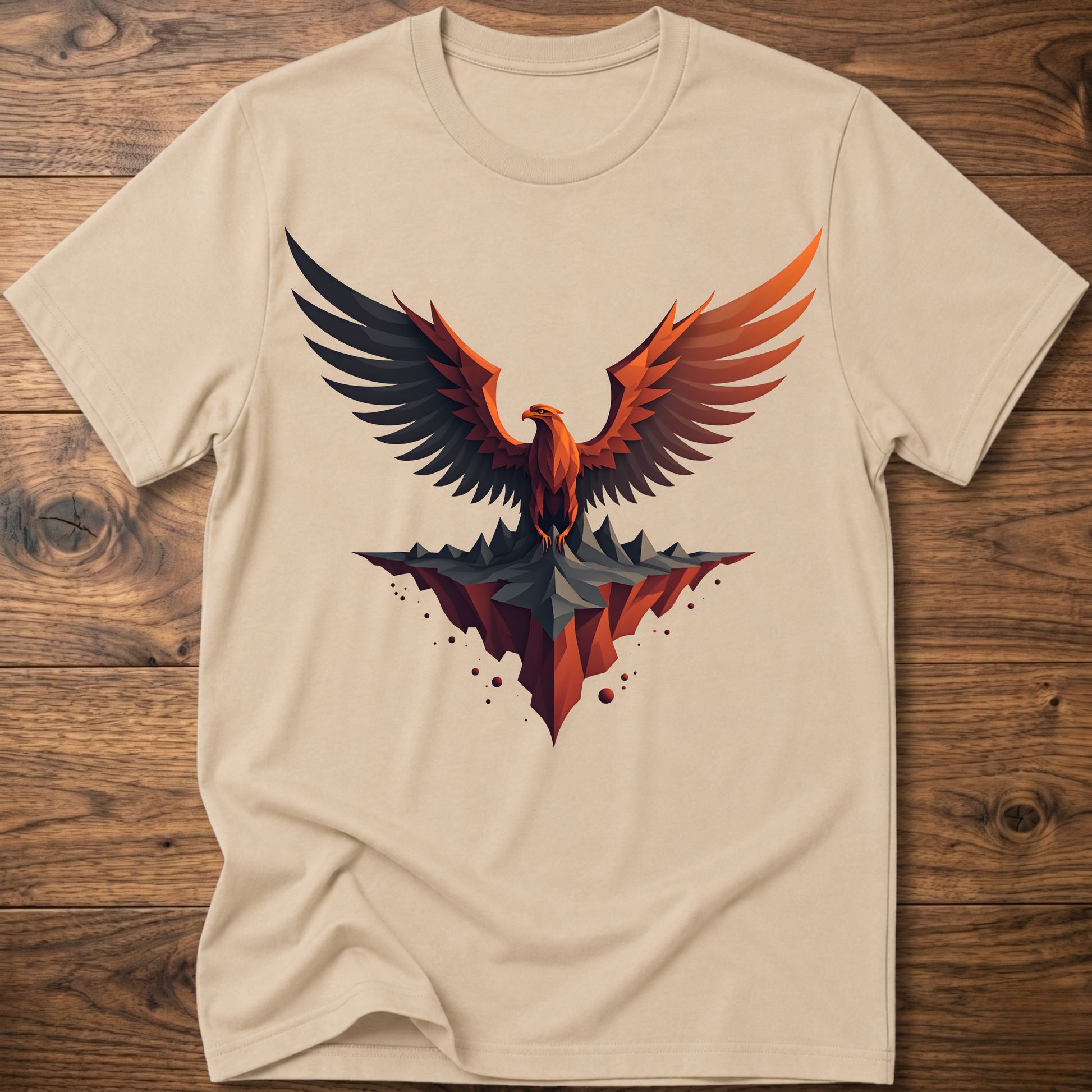 Sand/beige t-shirt with colorful eagle graphic on the front