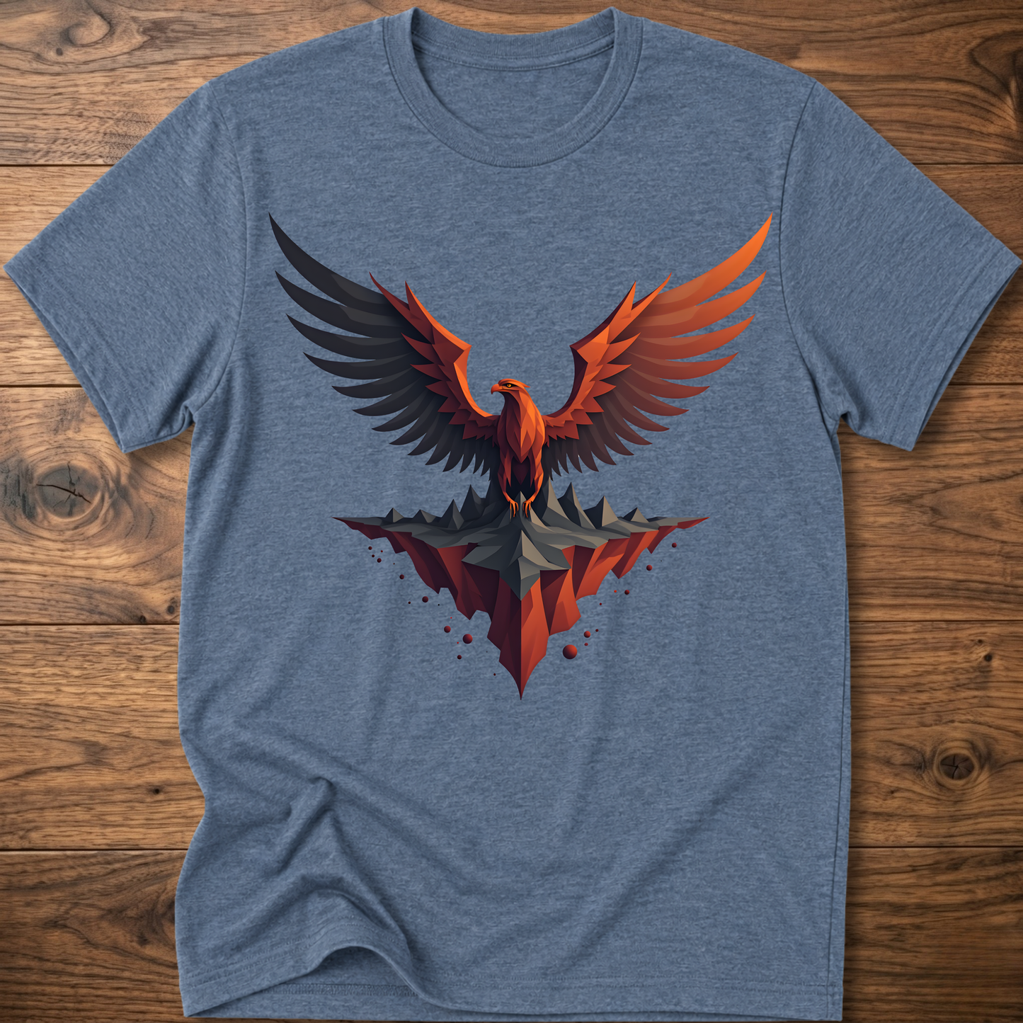 Heather blue t-shirt with colorful eagle graphic on the front