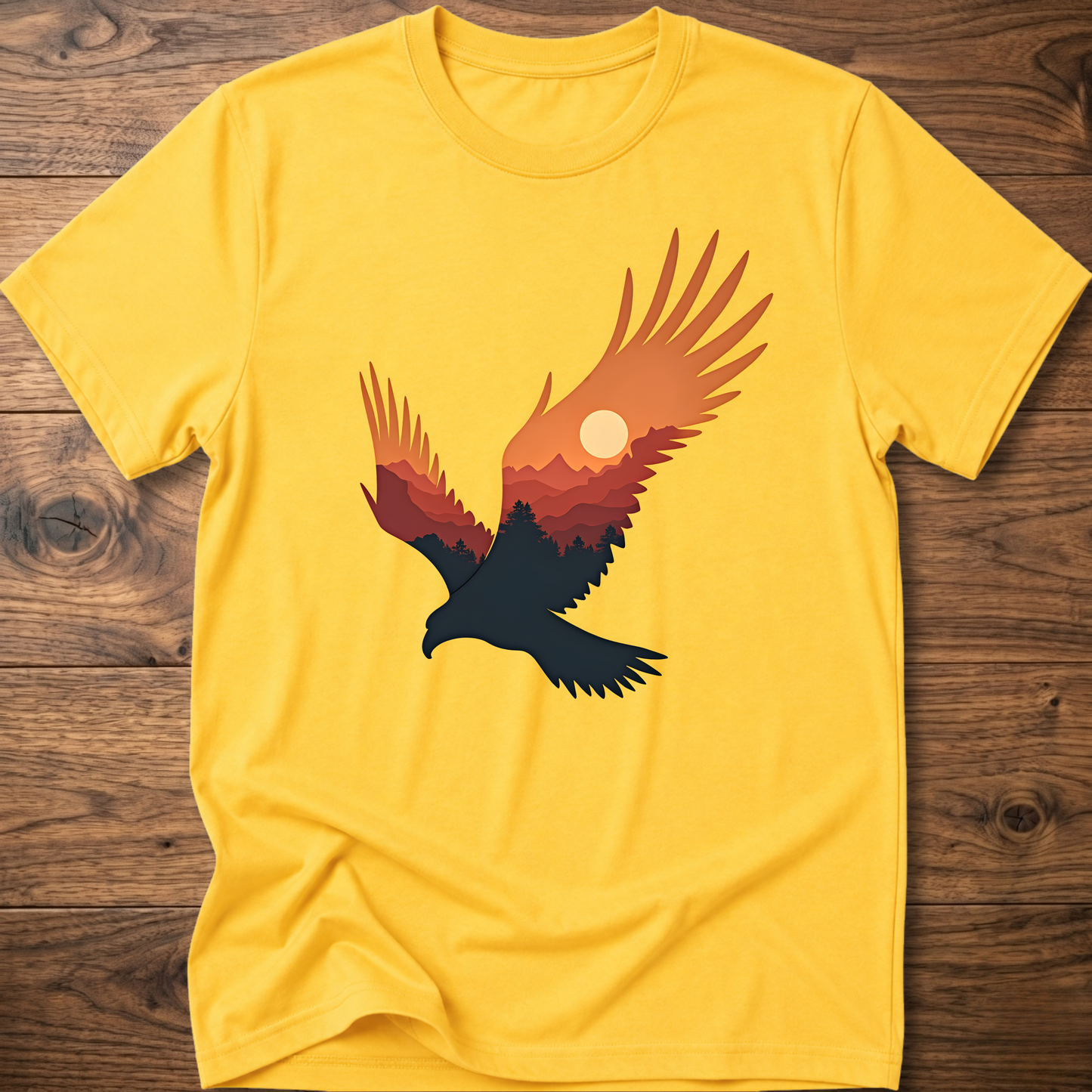 Daisy yellow crew-neck t-shirt with colorful eagle and moon graphic on chest