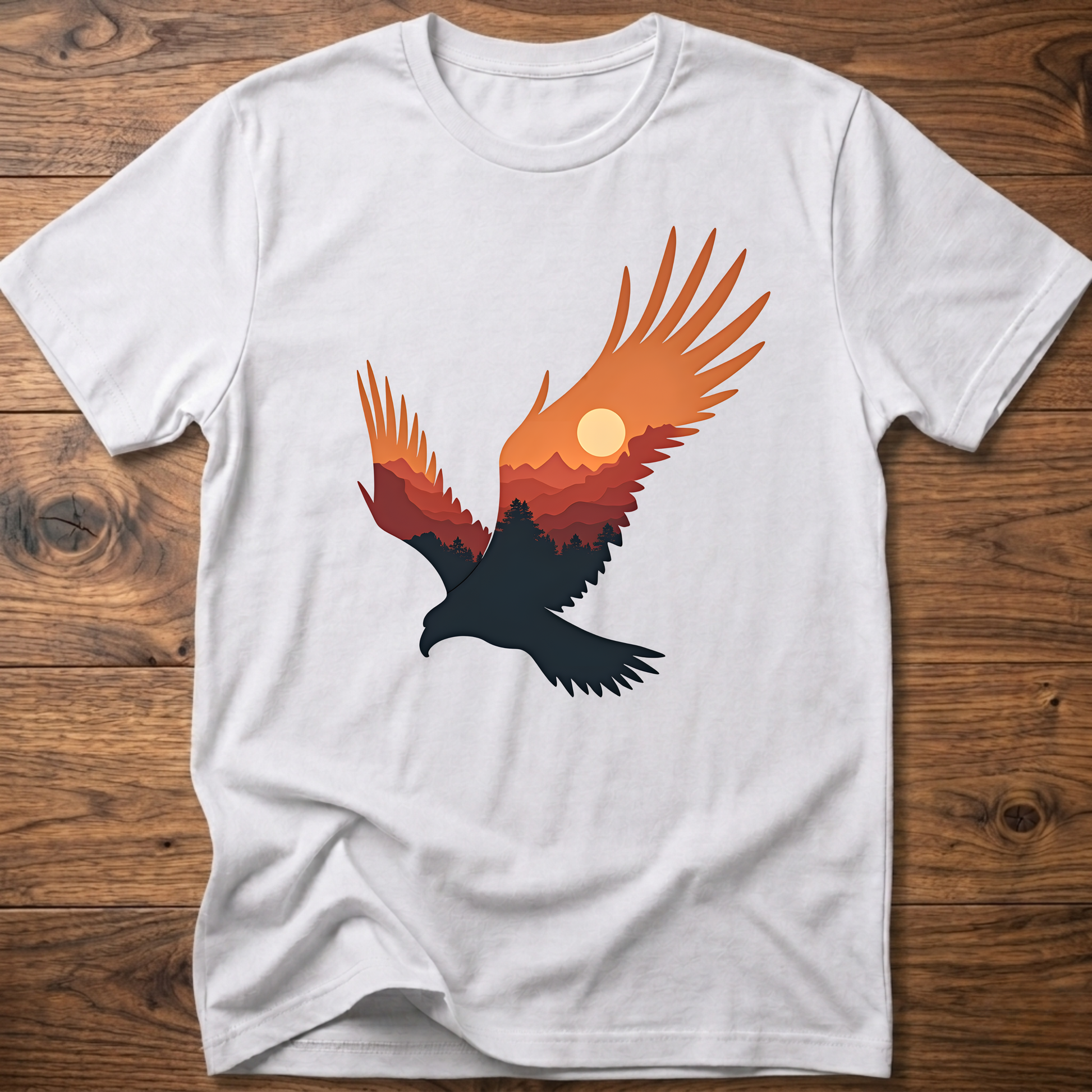 White crew-neck t-shirt with colorful eagle and moon graphic on chest
