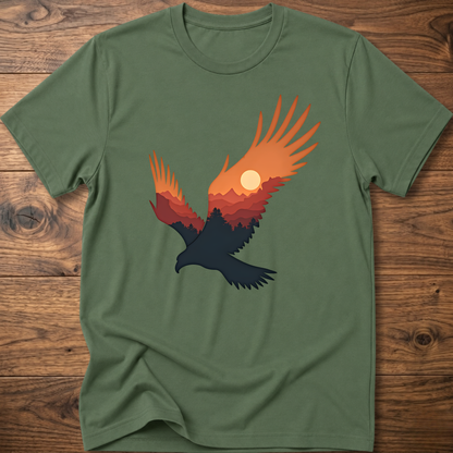Military green crew-neck t-shirt with colorful eagle and moon graphic on chest