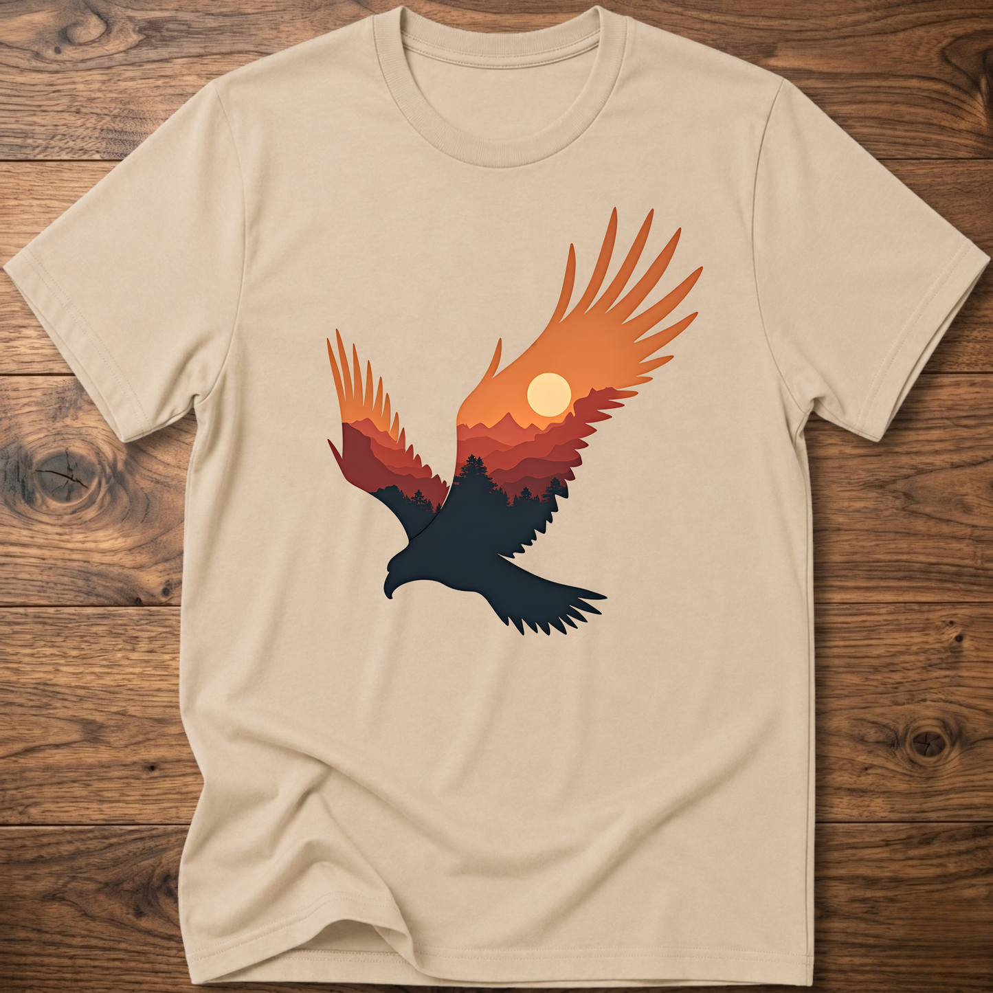 Sand crew-neck t-shirt with colorful eagle and moon graphic on chest