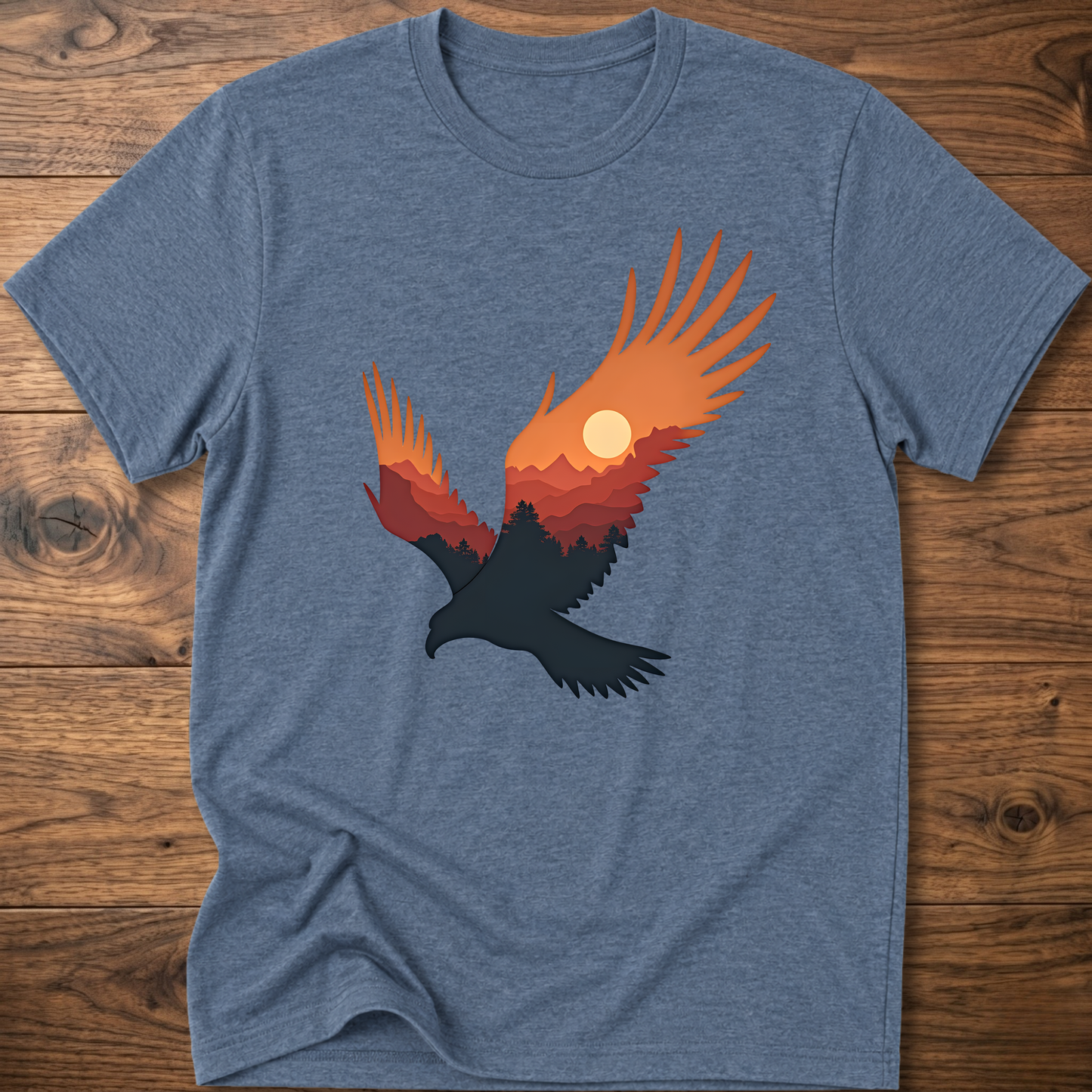 Heather blue crew-neck t-shirt with colorful eagle and moon graphic on chest