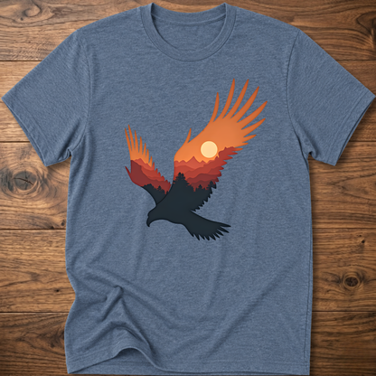 Heather blue crew-neck t-shirt with colorful eagle and moon graphic on chest