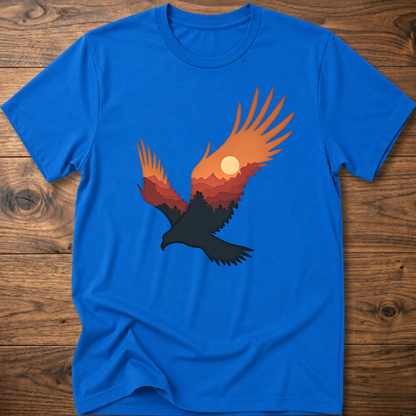 Royal blue crew-neck t-shirt with colorful eagle and moon graphic on chest