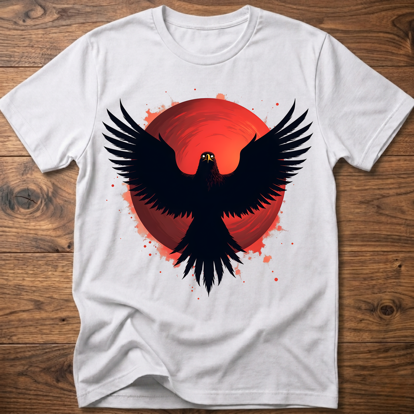 White crew-neck t-shirt with red eagle graphic and black wings