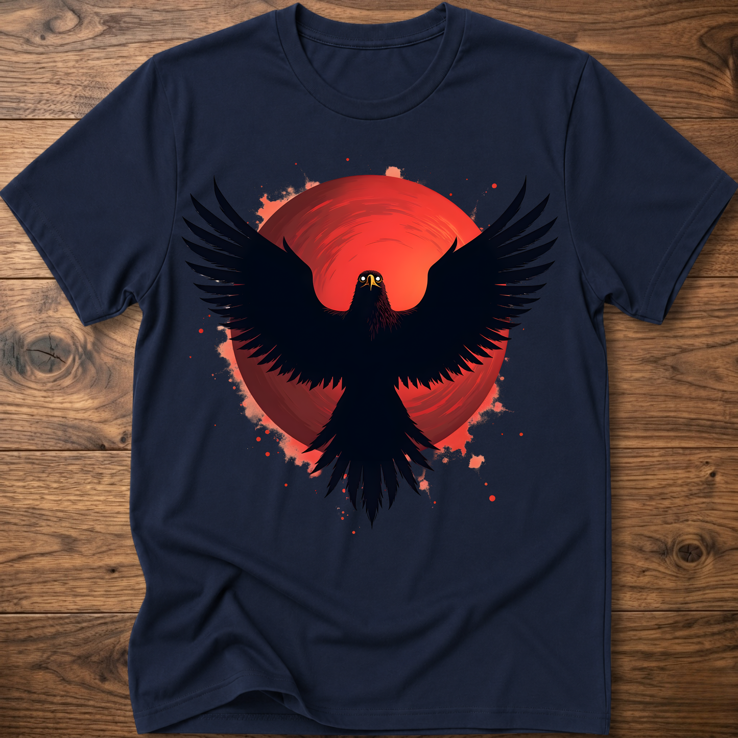 Navy crew-neck t-shirt with red eagle graphic and black wings