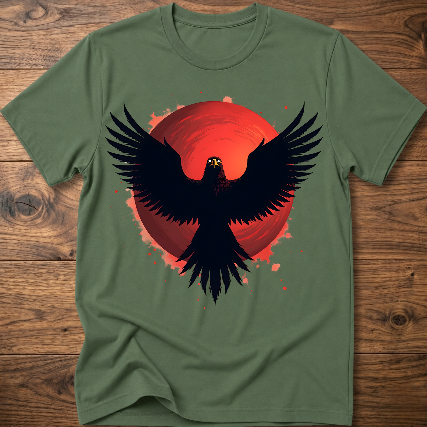 Green crew-neck t-shirt with red eagle graphic and black wings
