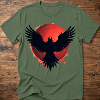 Green crew-neck t-shirt with red eagle graphic and black wings