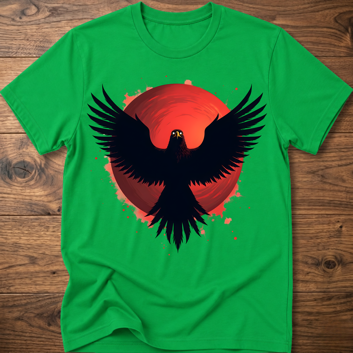 Bright green crew-neck t-shirt with red eagle graphic and black wings