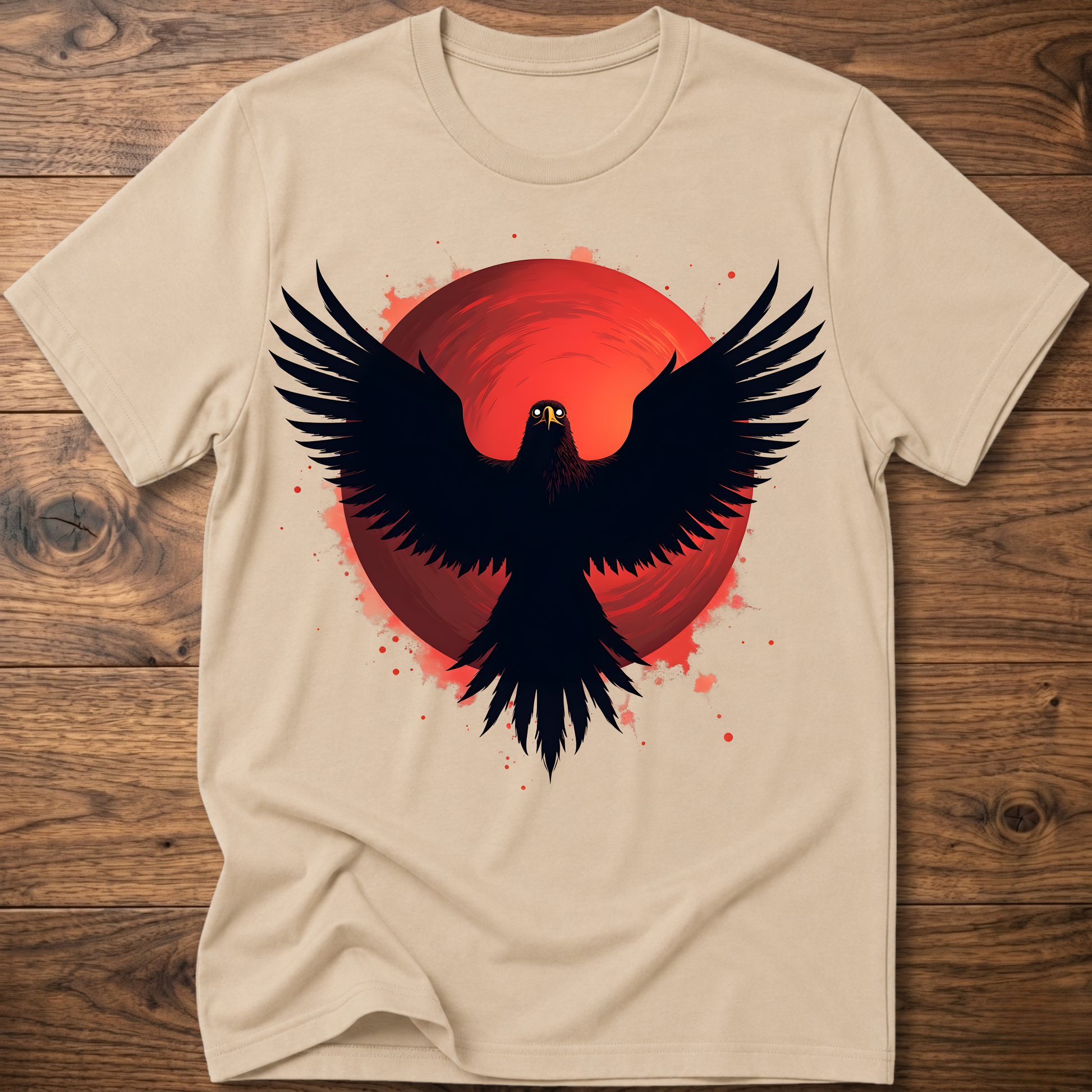 Beige crew-neck t-shirt with red eagle graphic and black wings