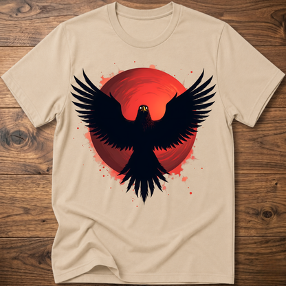 Beige crew-neck t-shirt with red eagle graphic and black wings