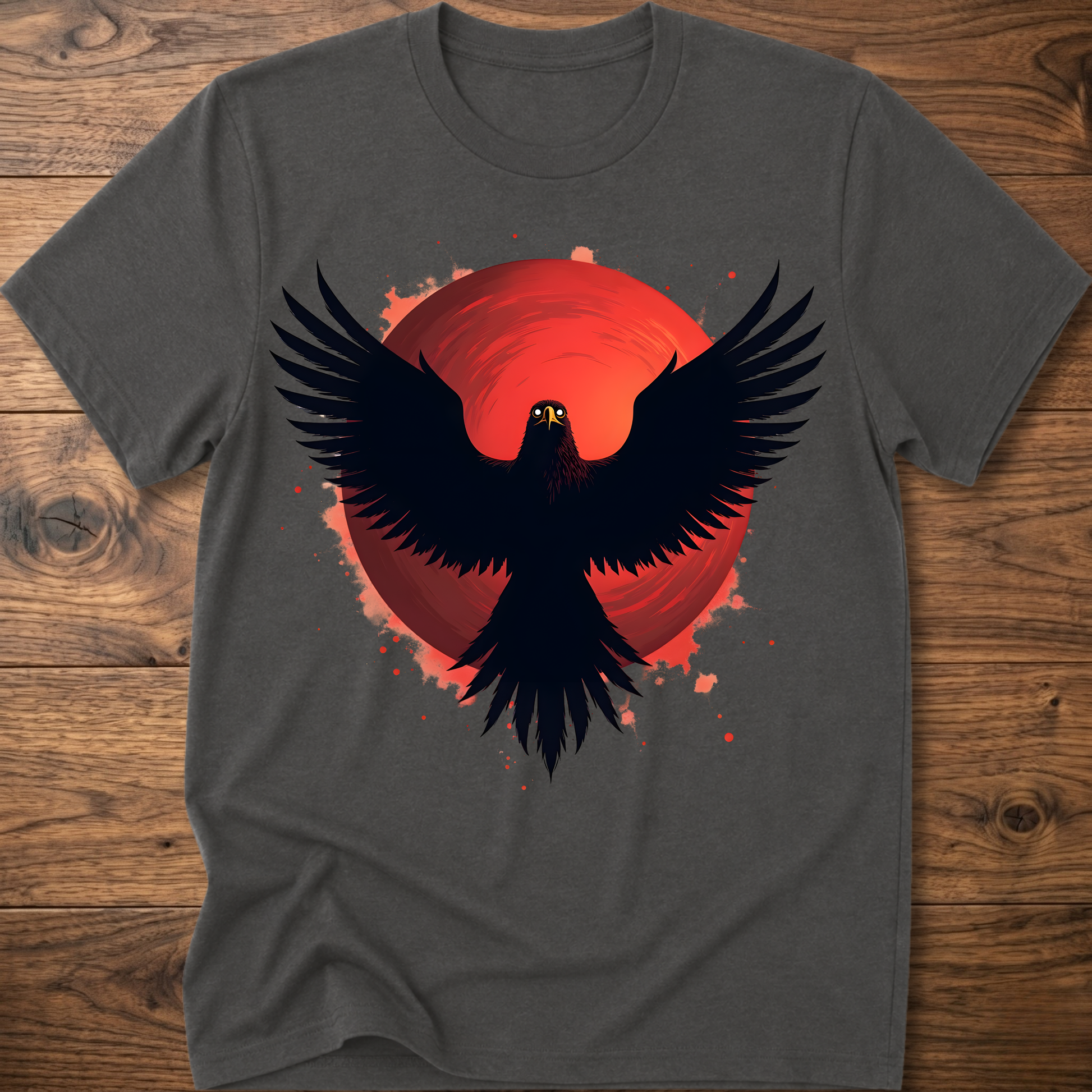 Dark gray crew-neck t-shirt with red eagle graphic and black wings