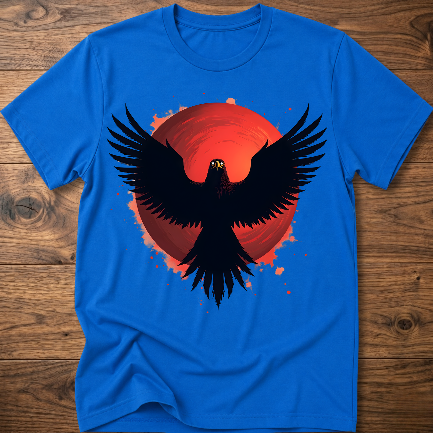 Royal blue crew-neck t-shirt with red eagle graphic and black wings
