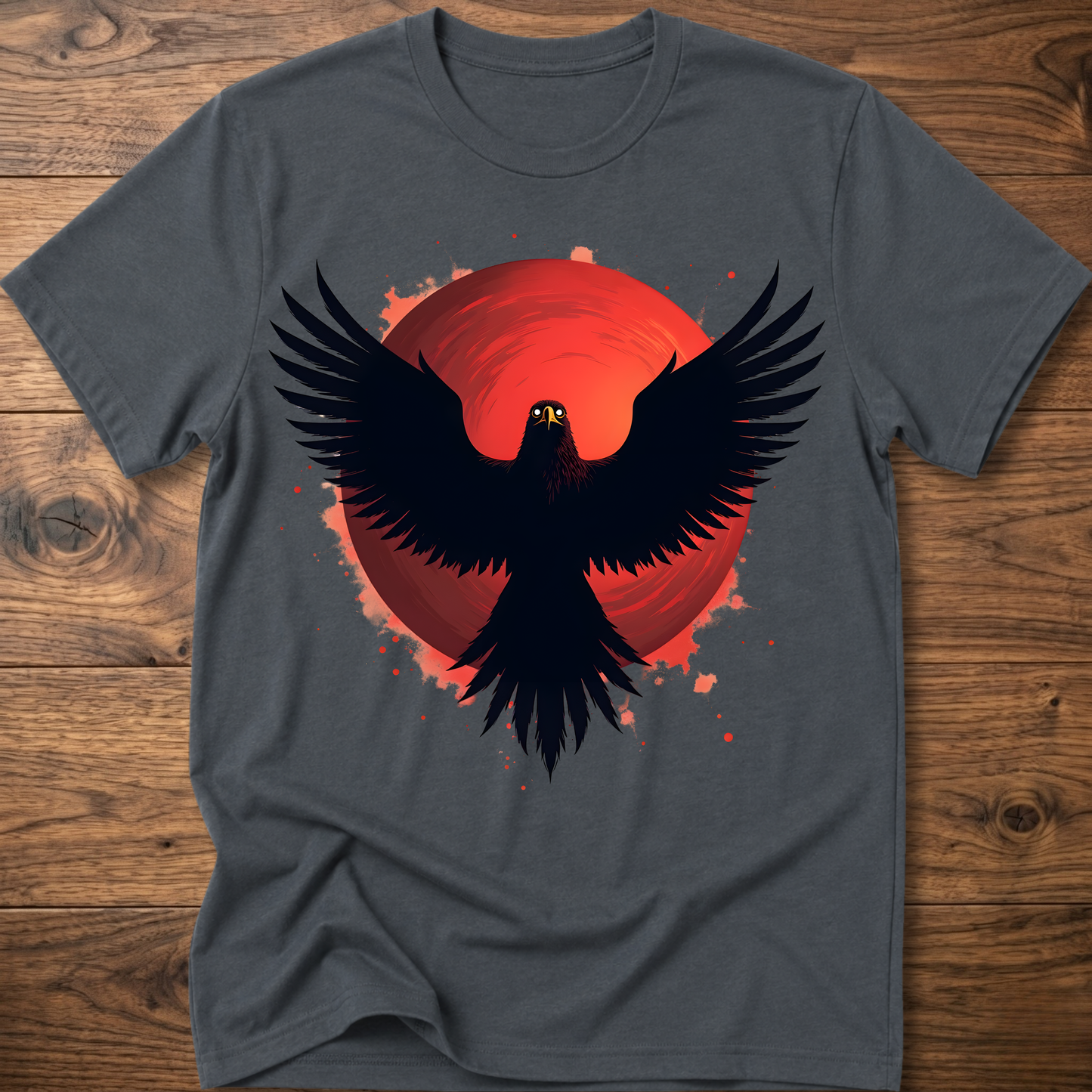 Charcoal gray crew-neck t-shirt with red eagle graphic and black wings