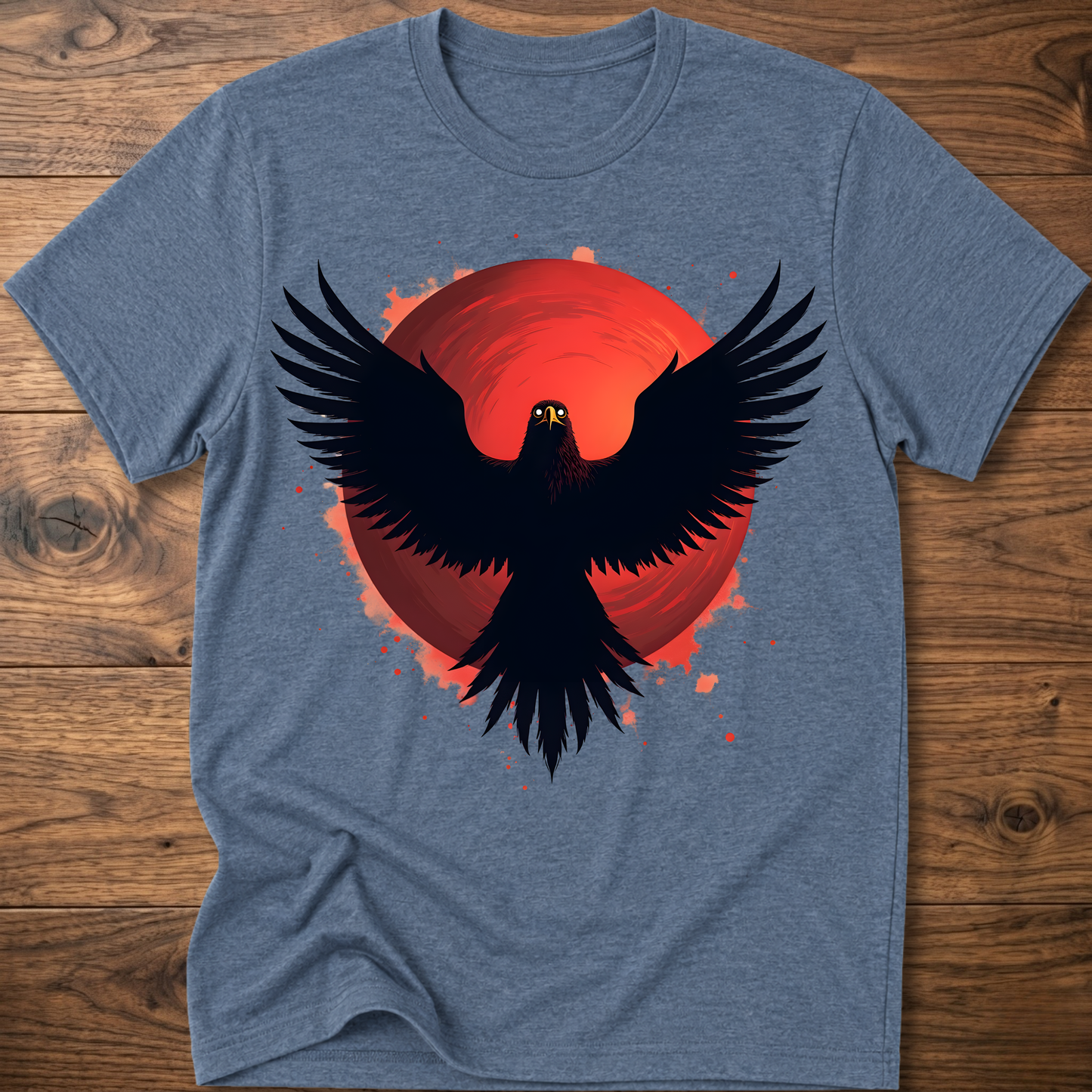 Blue-gray crew-neck t-shirt with red eagle graphic and black wings