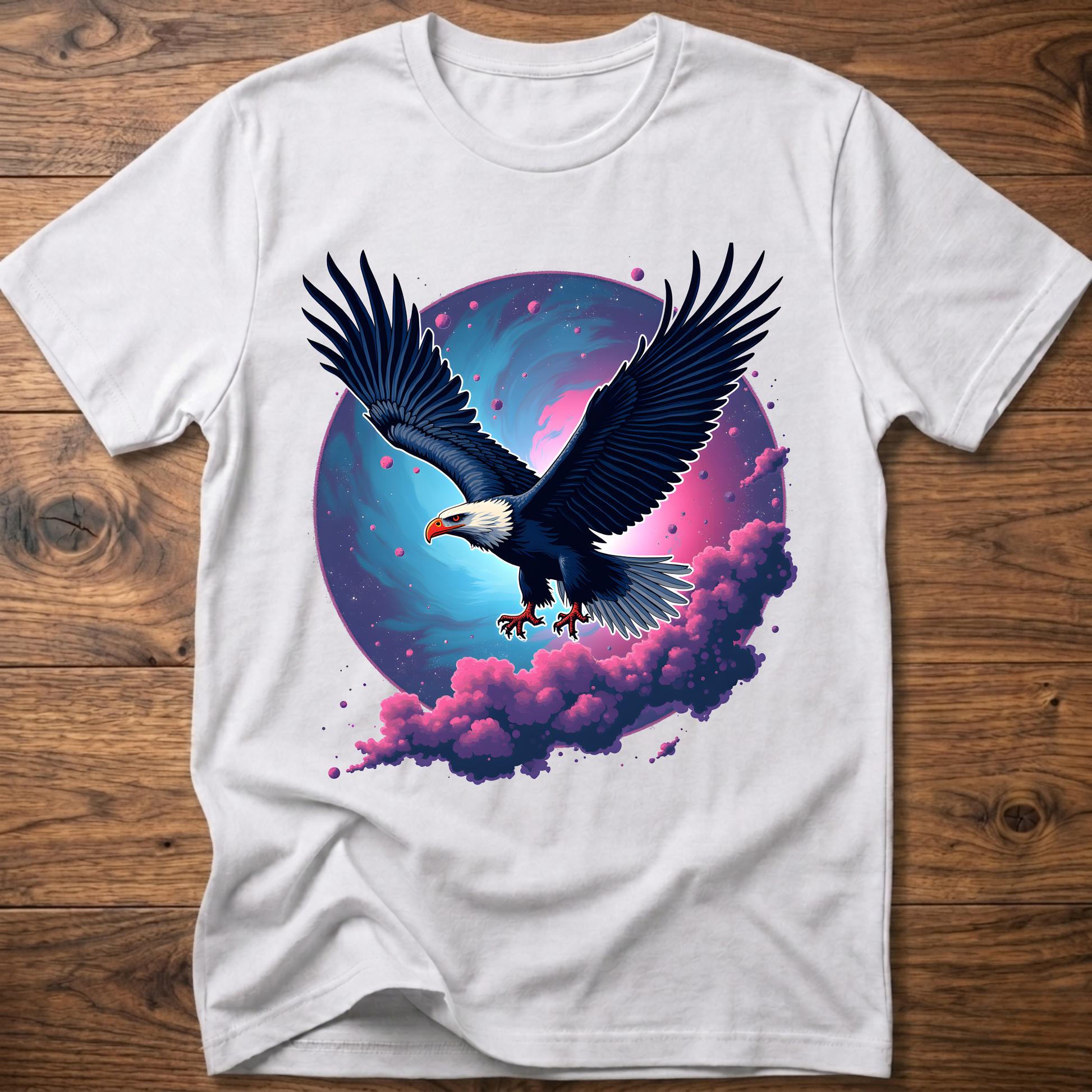 White eagle T-shirt with galaxy wing art and pink-purple clouds on front