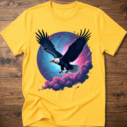 Yellow eagle T-shirt with galaxy wing art and pink-purple clouds on front