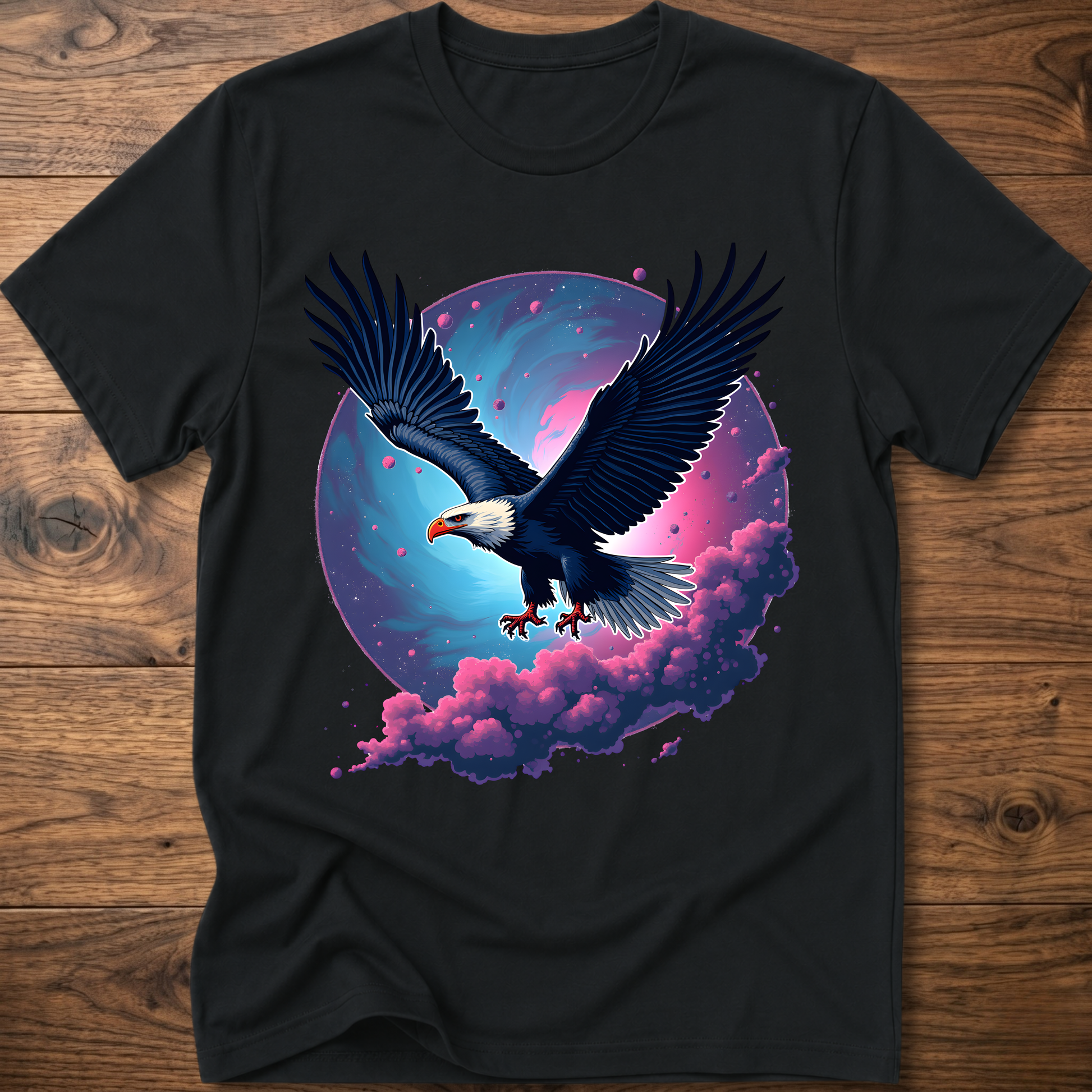 Black eagle T-shirt with galaxy wing art and pink-purple clouds on front
