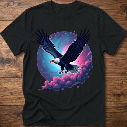Black eagle T-shirt with galaxy wing art and pink-purple clouds on front