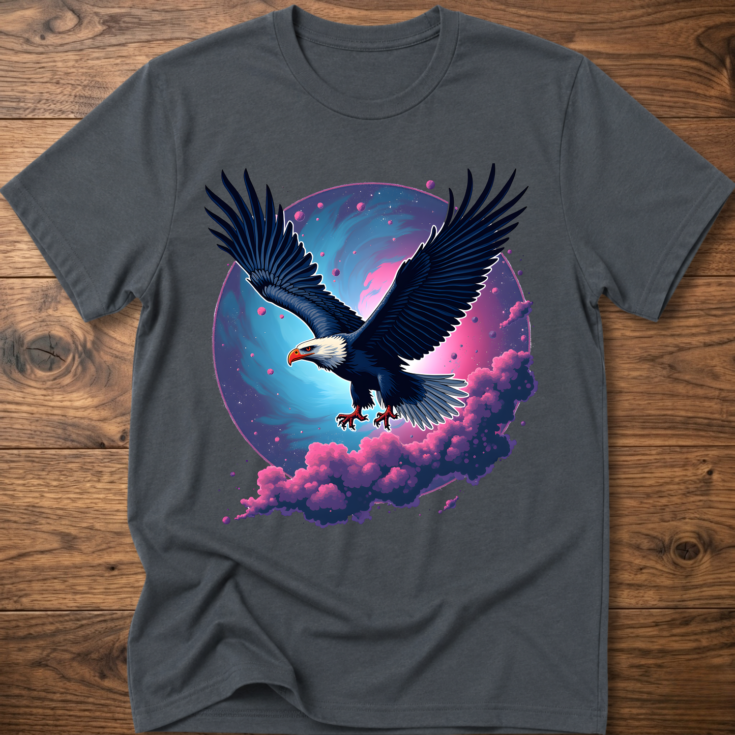 Charcoal gray eagle T-shirt with galaxy wing art and pink-purple clouds on front