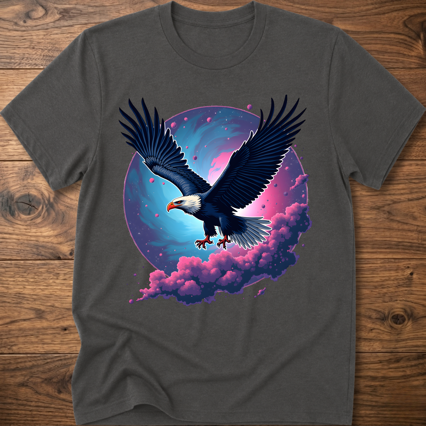 Dark gray eagle T-shirt with galaxy wing art and pink-purple clouds on front