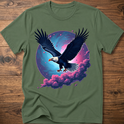 Olive green eagle T-shirt with galaxy wing art and pink-purple clouds on front