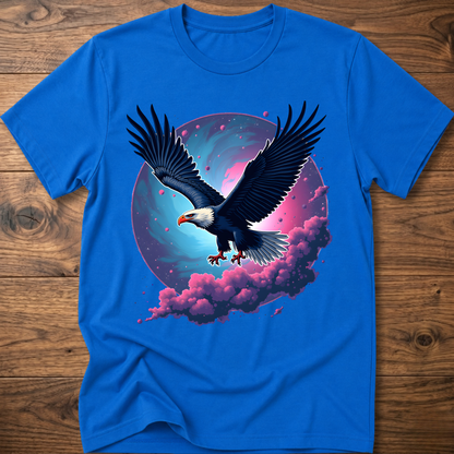 Blue eagle T-shirt with galaxy wing art and pink-purple clouds on front