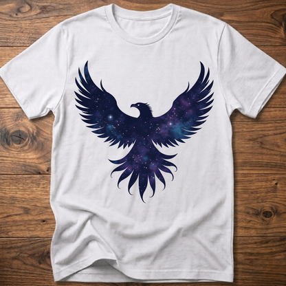 White crew-neck T-shirt with galaxy eagle and winged emblem graphic