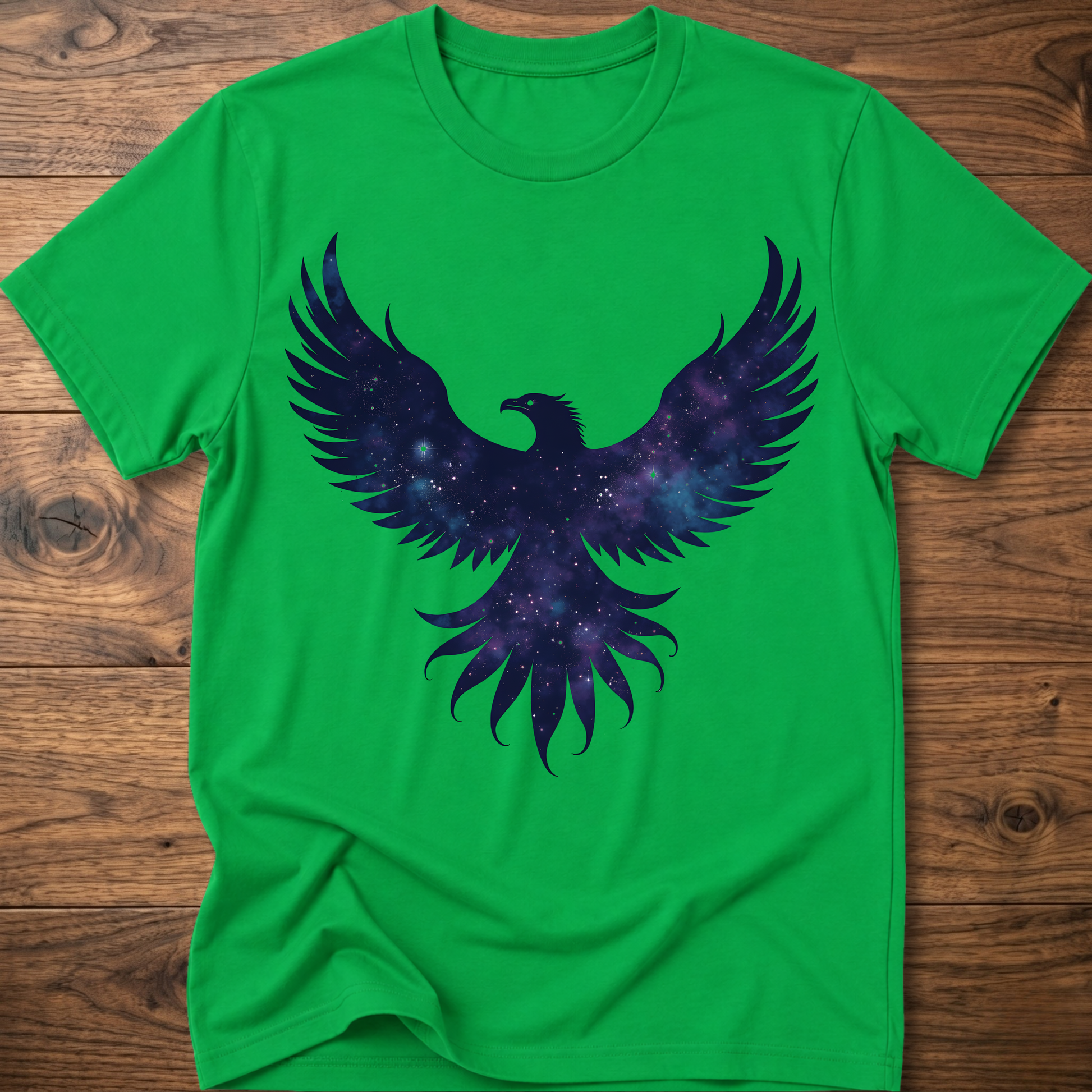 Bright green crew-neck T-shirt with galaxy eagle and winged emblem graphic