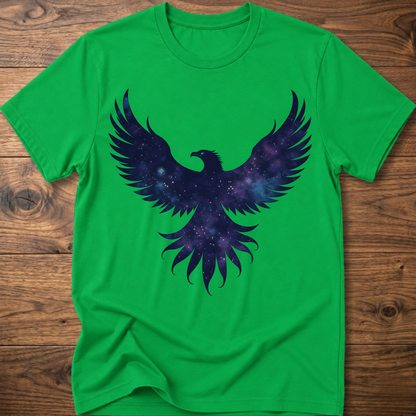 Bright green crew-neck T-shirt with galaxy eagle and winged emblem graphic