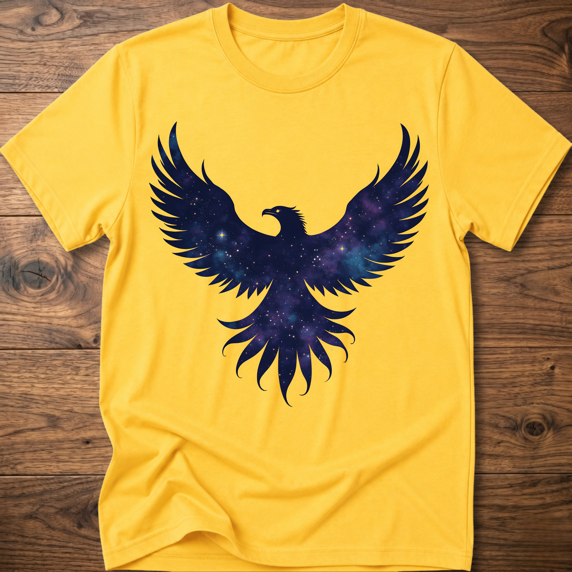 Yellow crew-neck T-shirt with galaxy eagle and winged emblem graphic