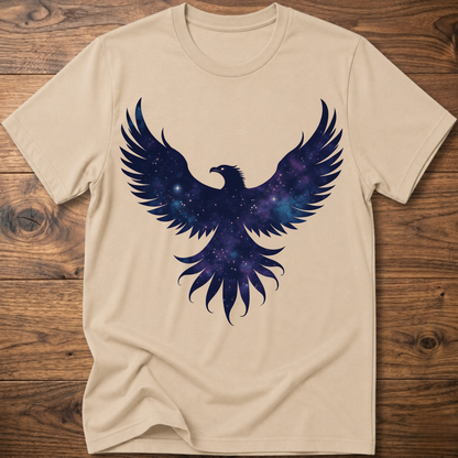 Beige crew-neck T-shirt with galaxy eagle and winged emblem graphic