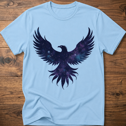 Light blue crew-neck T-shirt with galaxy eagle and winged emblem graphic