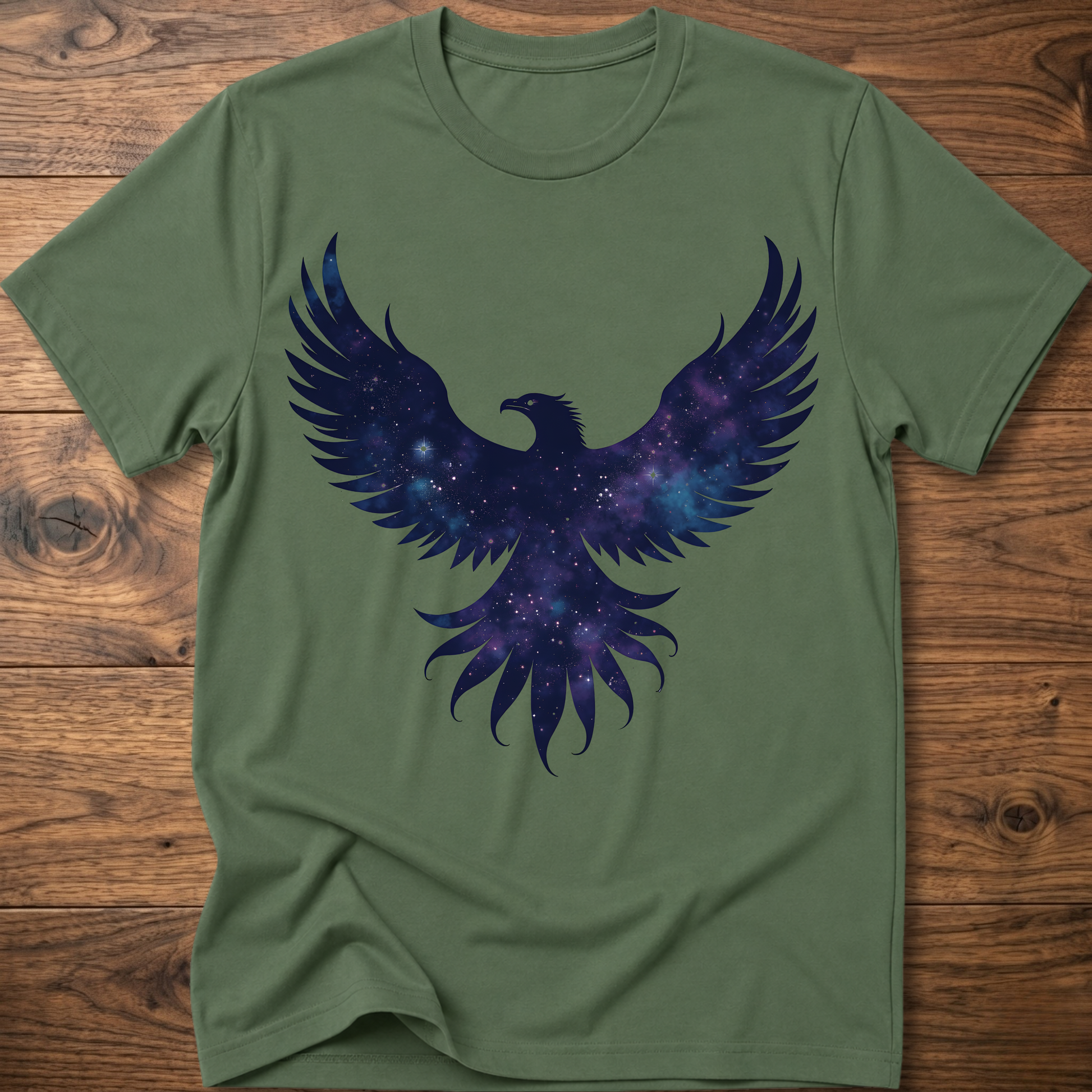 Forest green crew-neck T-shirt with galaxy eagle and winged emblem graphic