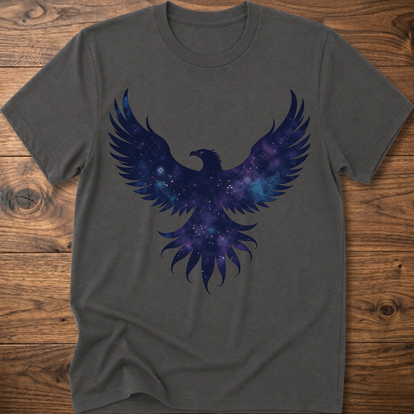 Dark gray crew-neck T-shirt with galaxy eagle and winged emblem graphic