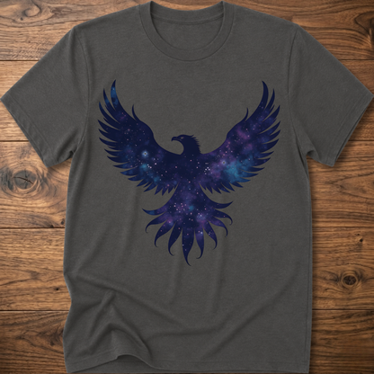 Dark gray crew-neck T-shirt with galaxy eagle and winged emblem graphic