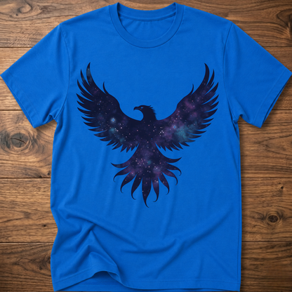 Royal blue crew-neck T-shirt with galaxy eagle and winged emblem graphic