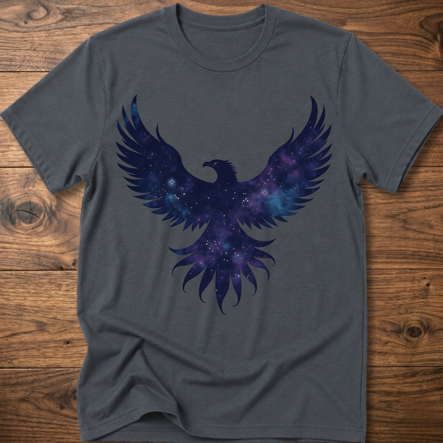 Charcoal gray crew-neck T-shirt with galaxy eagle and winged emblem graphic